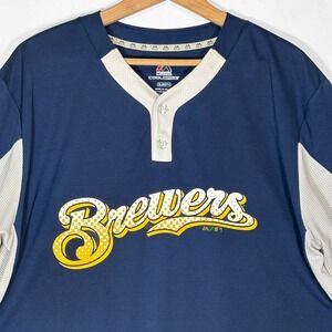 Majestic Milwaukee Brewers Cool Base Henley Jersey Shirt Mens XL Classic Blue